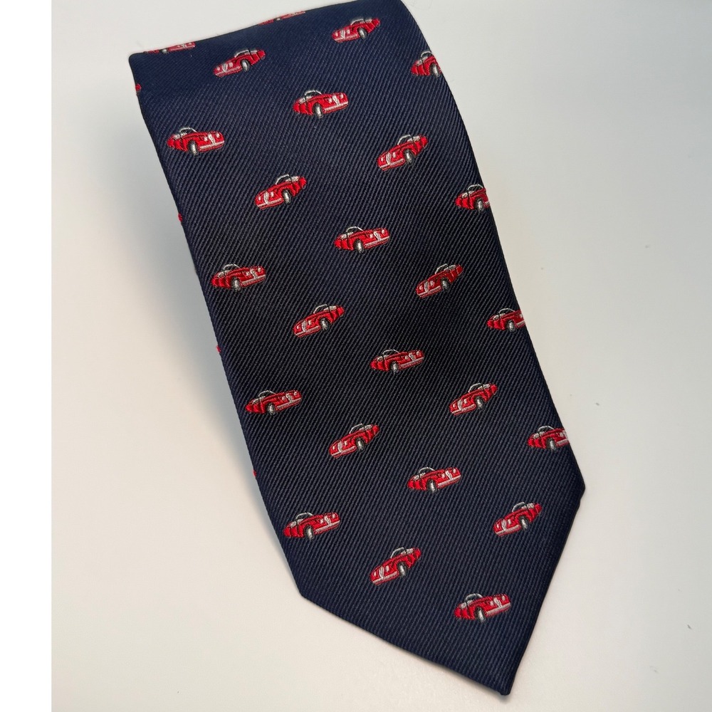 J.Crew Necktie 3.25" Navy Blue Red Vintage Sports Car Silk Blend Preppy Dapper